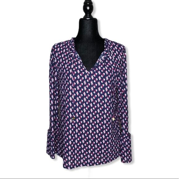 Michael Kors Tie Neck Long Sleeve Ruffle Cuff  Geometric Print Top Blouse NWT - Picture 2 of 11